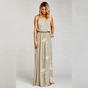 Show Me Your Mumu - XS -Kendall Maxi Dress V Neck Slit Blouson Lily Showers Gray